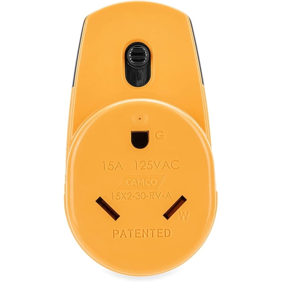 Camco Power Grip Camper/RV Electrical Adapter | Reduces Receptacle Overheating & Allows a 30-Amp RV to be Plugged into a 15-Amp Outlet | Great for Home and Generator Use & Rated for 125V/1875W (55225)