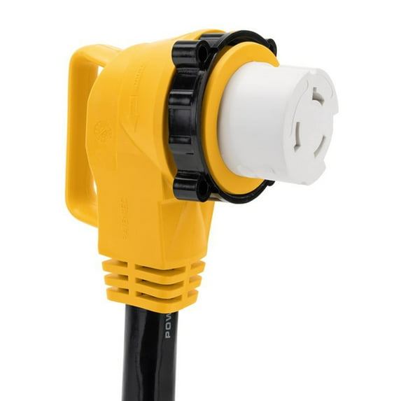 Camco Power Grip Electrical Dogbone | Features a 50-Amp Locking Adapter | 18-inch, Black and Yellow (55572)