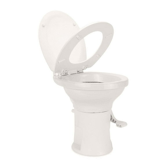 Camco Premium Ceramic Camper/RV Toilet | Features Gravity Flush System with Convenient Foot Pedal | Full-Sized Ergonomic Design with 18" Chair Height | Soft-Close Wood Seat & Lid | Bone (41715)