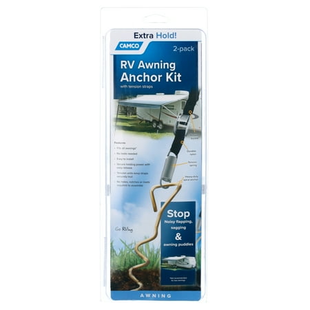 Camco RV Awning Anchor Kit | Includes Long-Lasting Pull Tension Straps | Black and Silver (42593)