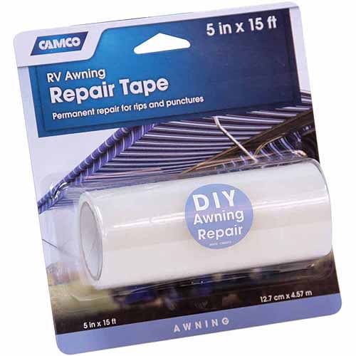 Camco RV Awning Repair Tape Measures 5-inches (W) by 15-feet (L) Durable Adhesive-Backed Plastic Film, Clear (42623)