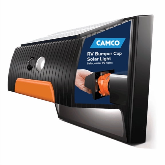 Camco RV Bumper Cap Solar Light Eco-Friendly, Motion-Activated Lighting 3 Light Modes Fits Square RV Bumpers Attaches to RV Sewer Hose for Convenient Camper Storage and Organization