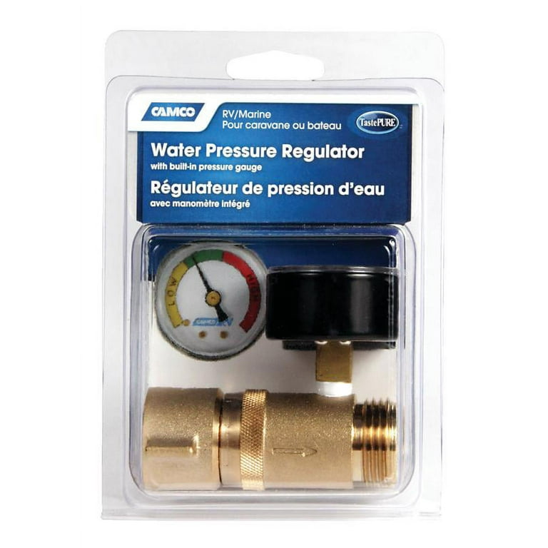 Camco Brass Water Pressure Regulator with Gauge- Helps Protect RV Plumbing and Hoses from High-Pressure City Water - Easy Read Gauge, Lead Free (40064) Camco Brass Water Pressure Regulator with Gauge- Helps Protect RV Plumbing and Hoses from High-Pressure City Water - Easy Read Gauge, Lead Free (40064)