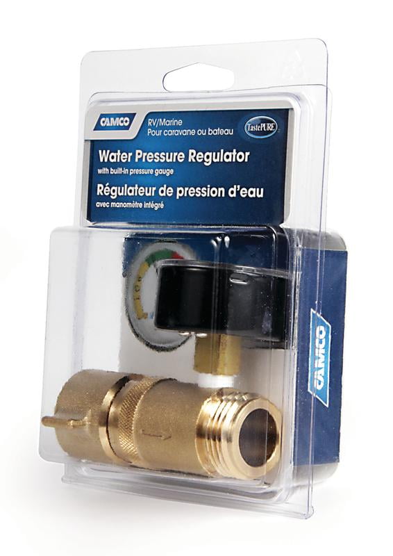 Camco RV Water Pressure Regulator with Gauge | Easily Attaches with 3/4-inch Garden Hose Threads | Brass (40064)