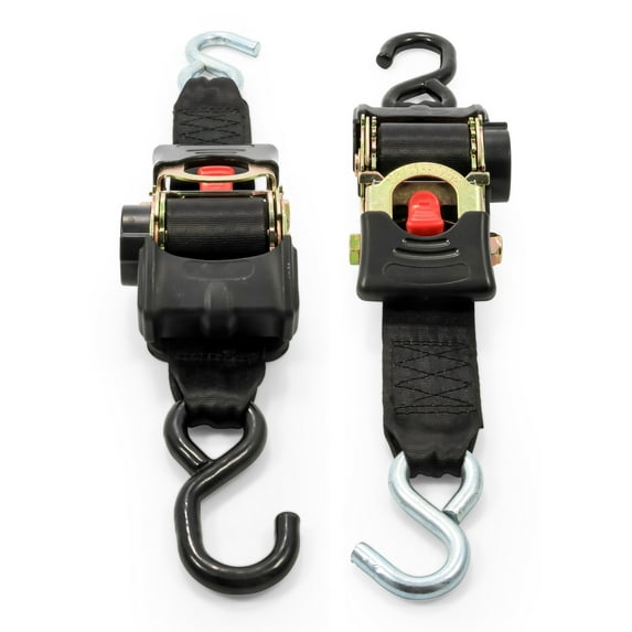 Camco Retractable Transom Tie Down Straps | Break Strength of 3,330lbs and Safe Working Load of 1,100lb | 2-Pack, Durable Polyester Webbing, Multicolor (50031)