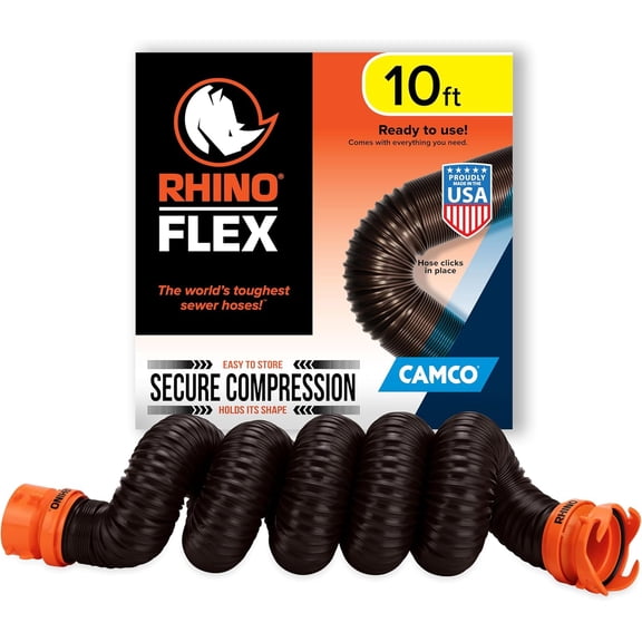 Camco RhinoFLEX 10 Camper/RV Sewer Hose Extension - Features Collapsible Design for RV Storage - Includes Pre-Attached Lug & Bayonet Fitting -Heavy Duty Polyolefin & Reinforced w/Steel Wire (39774)