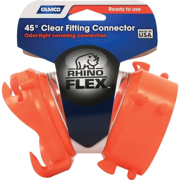 Camco RhinoFLEX Clear 45-Degree Camper/RV Sewer Hose Swivel Fitting - Features a Swivel Lug Fitting & a 4-Prong Bayonet Fitting - Made of Heavy-Duty Resin (39847)
