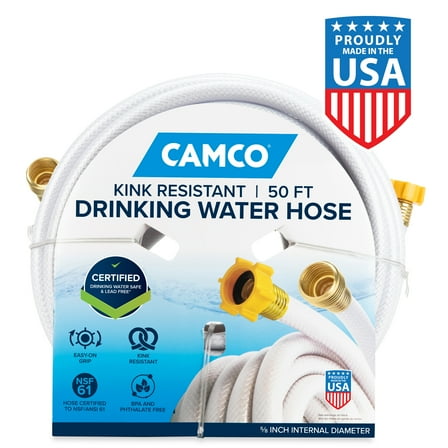 Camco TASTEPURE 50-Foot RV Drinking Water Hose - Lead-Free, PVC, White (22793)