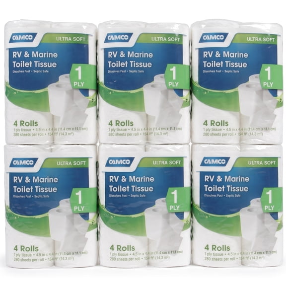 Camco TST 1-Ply Toilet Paper, 24 Rolls, 280 Flushable Biodegradable Tissue Sheets Per Roll