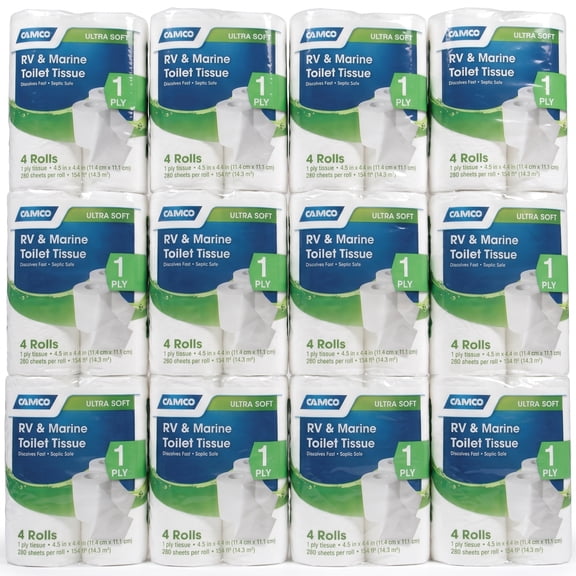 Camco TST 1-Ply Toilet Paper, 48 Rolls, 280 Flushable Biodegradable Tissue Sheets Per Roll