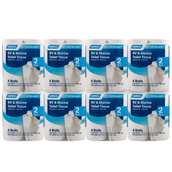 Camco TST 2-Ply Toilet Paper, 32 Rolls, 500 Flushable Biodegradable Tissue Sheets Per Roll