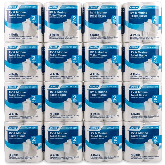 Camco TST 2-Ply Toilet Paper, 64 Rolls, 500 Flushable Biodegradable Tissue Sheets Per Roll