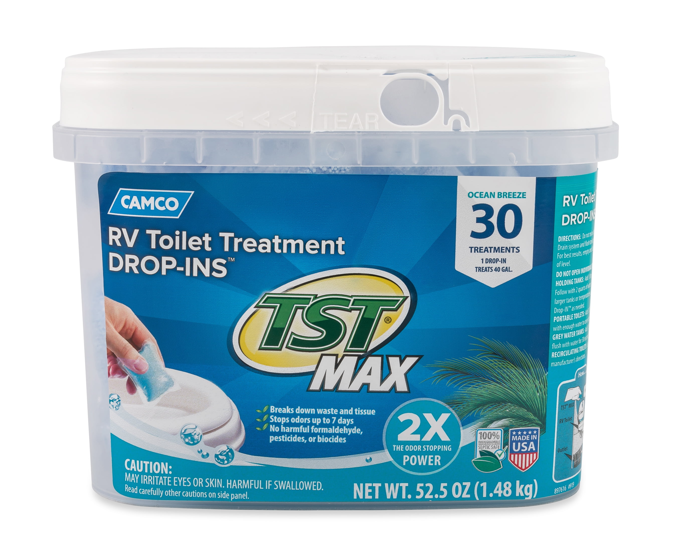 Camco TST MAX Camper/RV Toilet Treatment Drop-INs | Control Unwanted Odors and Break Down Waste and Tissue | Safe Septic Tank Treatment | Ocean Breeze Scent | 30-Pack (41615)