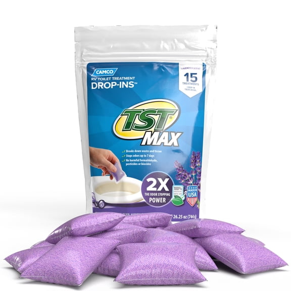 Camco TST MAX RV Toilet Treatment Drop-INs - Control Unwanted Odors and Break Down Waste and Tissue - Septic Tank Safe - Lavender Scent - 15-pack 41559