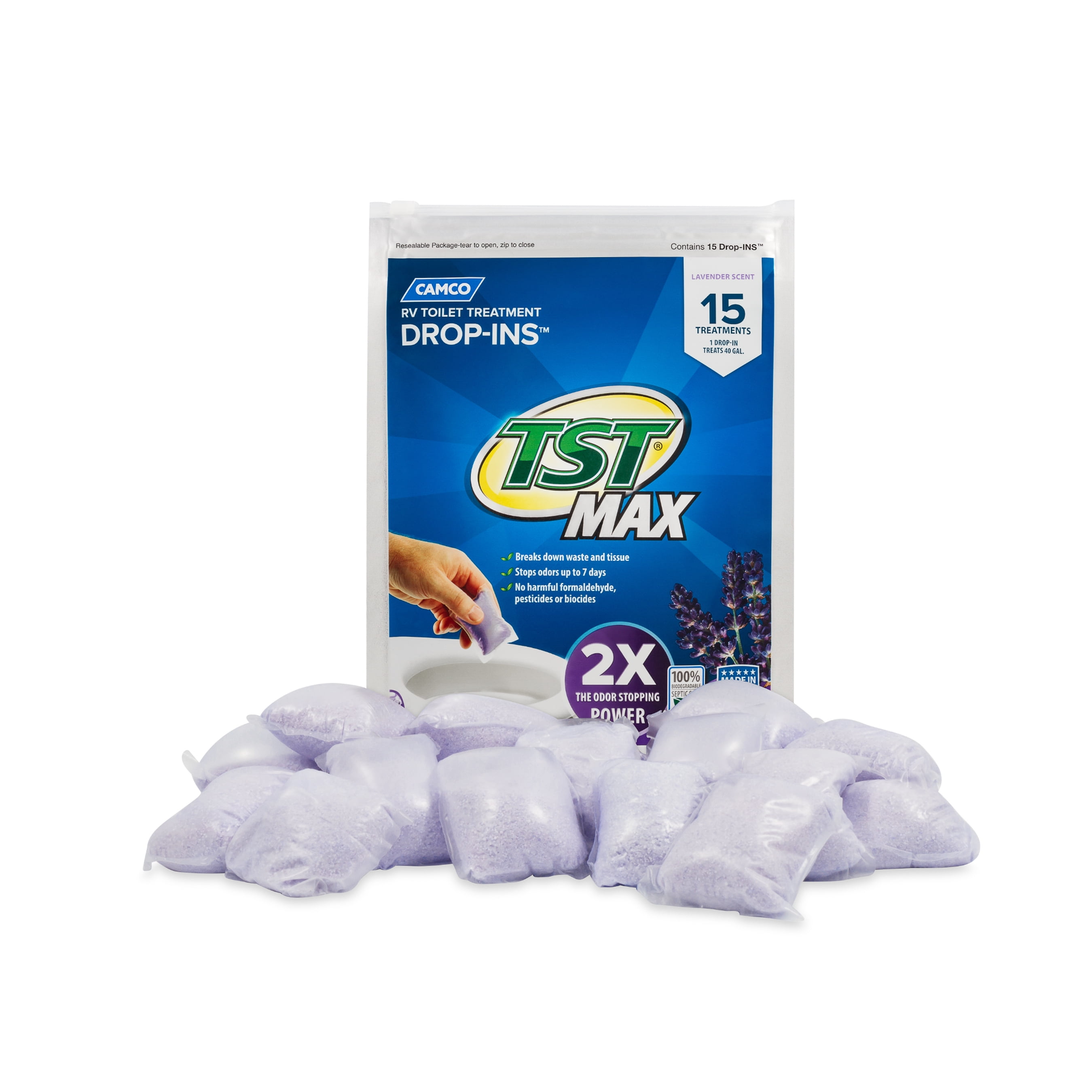 Camco TST MAX RV Toilet Treatment Drop-Ins - Septic Safe - Lavender, 15 Count (41559)