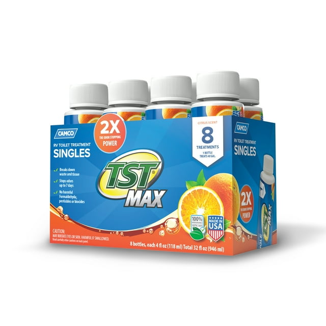 Camco TST MAX RV Toilet Treatment Singles - Septic Safe - Orange, 8 Count of 4-Ounce Bottles (41191)
