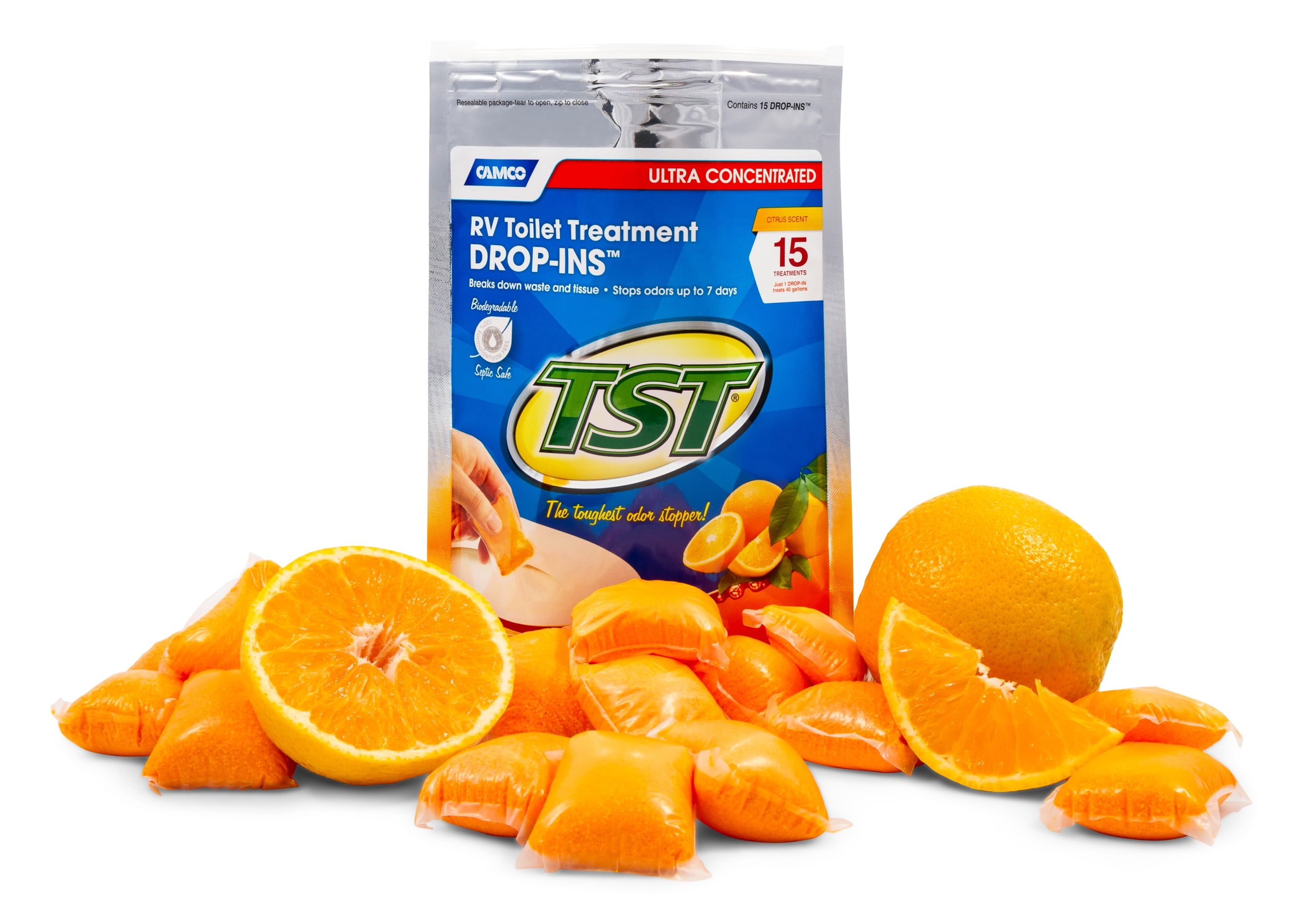Camco TST RV Toilet Treatment Drop-ins, Orange Citrus Scent, 15-Pack (41189)