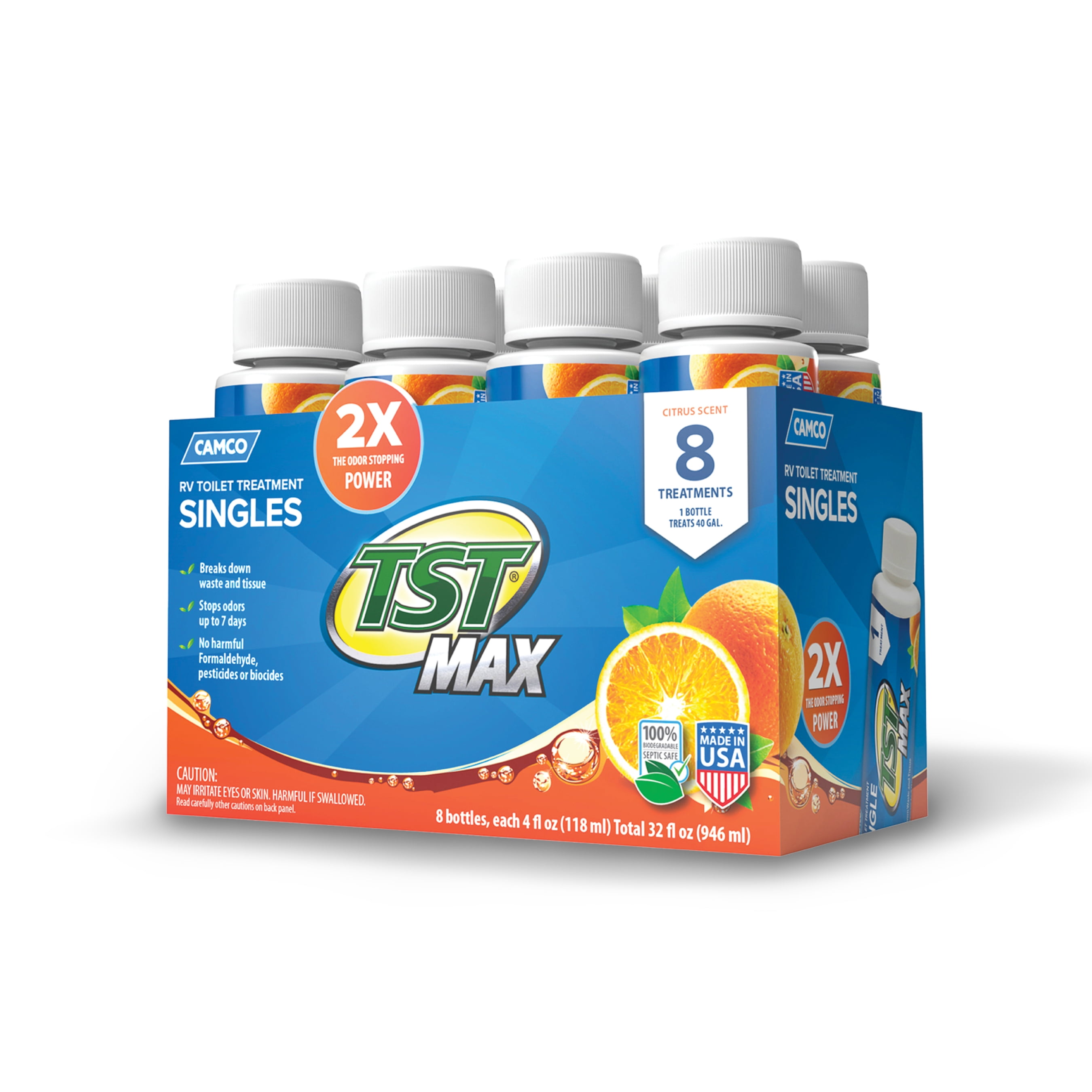 Camco TST MAX RV Toilet Treatment Singles - Septic Safe - Orange, 8 Count of 4-oz Bottles (41191)