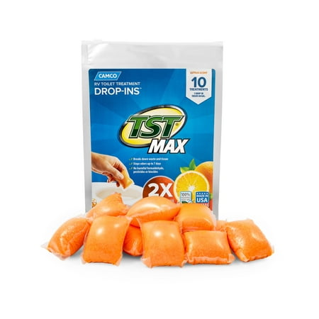 Camco TST Ultra-Concentrated Orange Citrus Scent RV Toilet MAX Treatment Drop-Ins, Formaldehyde Free, Breaks Down Waste And Tissue, Septic Tank Safe, 10-Pack (41178)