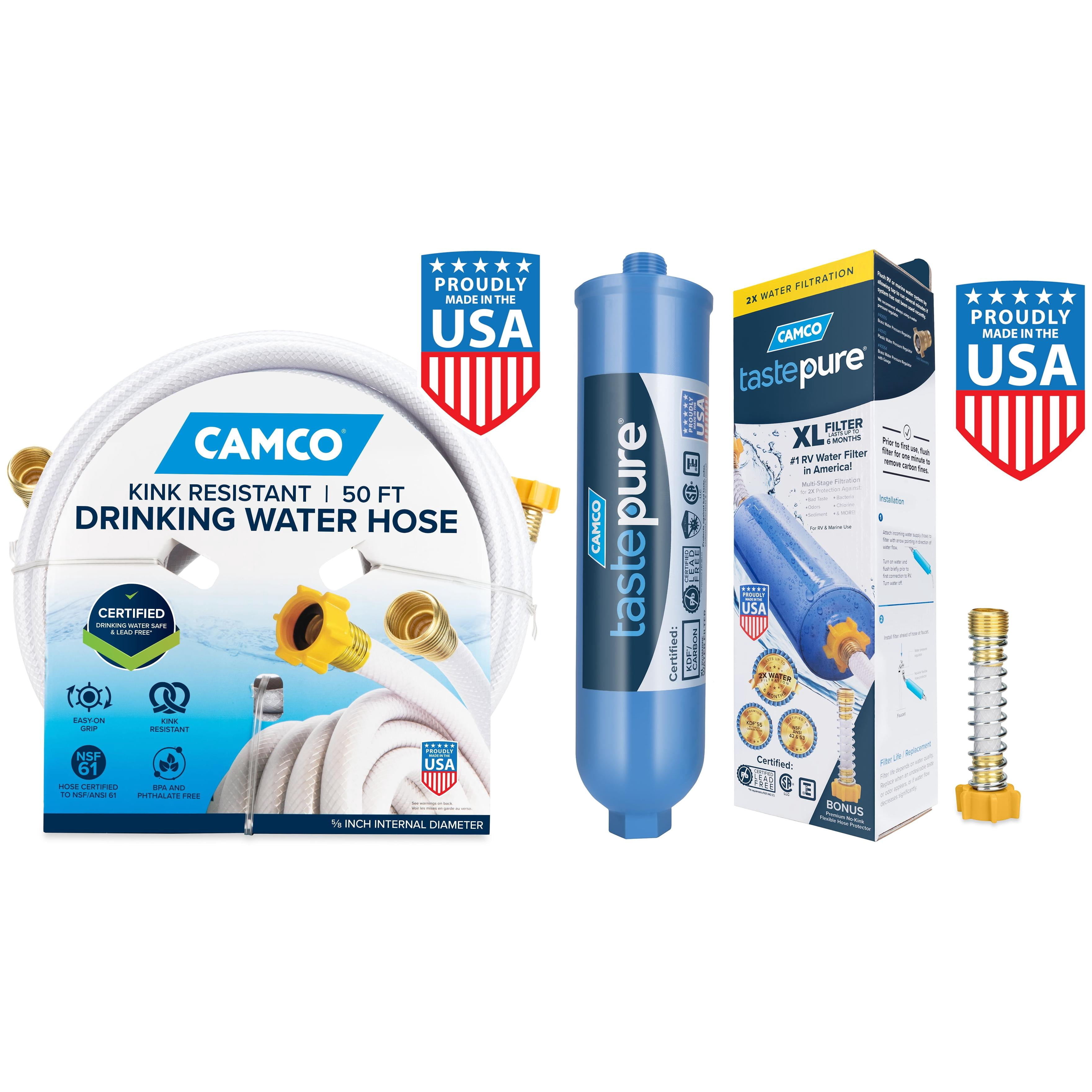 Camco TastePURE RV Fresh Water Bundle, 50-Foot Drinking Water Hose with XL Water Filter and Hose Protector