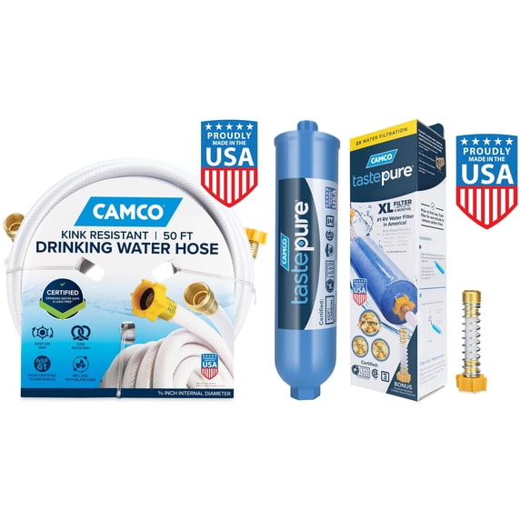 Camco TastePURE RV Fresh Water Bundle, 50-Foot Drinking Water Hose with XL Water Filter and Hose Protector