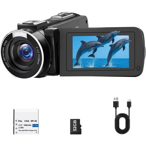 Camcorder Video Camera 2.7K 48MP, Vlogging Camera for YouTube with Fill Light -- 3" 270? 18X Digital Zoom Flip Screen Webcam Anti-Shake, Digital Camera with 32GB Card for Beginners Teens Gifts