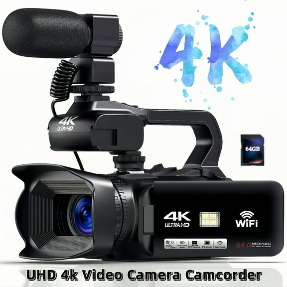 Camcorder Video Camera 4K 64MP 60FPS Video Camera Auto Focus Vlogging Camera for YouTube 18X Digital Zoom Video Camera with WiFi, Webcam, Microphone, Stabilizer, 64G SD Card, Remote Control