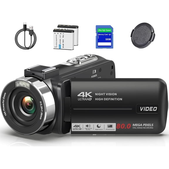 Camcorder Video Camera 4K UHD 80MP IR Night Vision Vlogging Camera for YouTube 18X Digital Zoom Camcorder Autofocus 3.0" 270? Rotation IPS Screen Video Recorder with 32G SD Card, Lens Cap, 2