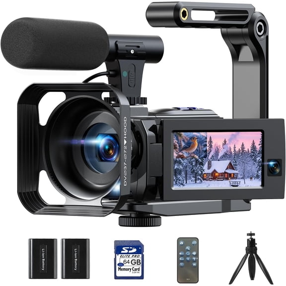 Camcorder Video Camera 5K 56MP - Lens Vlogging Camera for YouTube with Night Vision 16X Digital Zoom 3" 270? Flip Touchscreen, 64GB Card, Microphone, Remote - Video Recorder for Content Creators