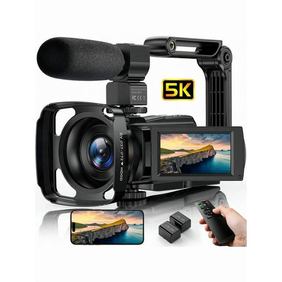 Camcorder Video Camera 5K 56MP Vlogging Camera WiFi 3.0 Inch 270° Rotatable Touch Screen Podcast Video Recorder With Microphone, Handheld Stabilizer, Lens Hood, Remote Control, 2 Batteries
