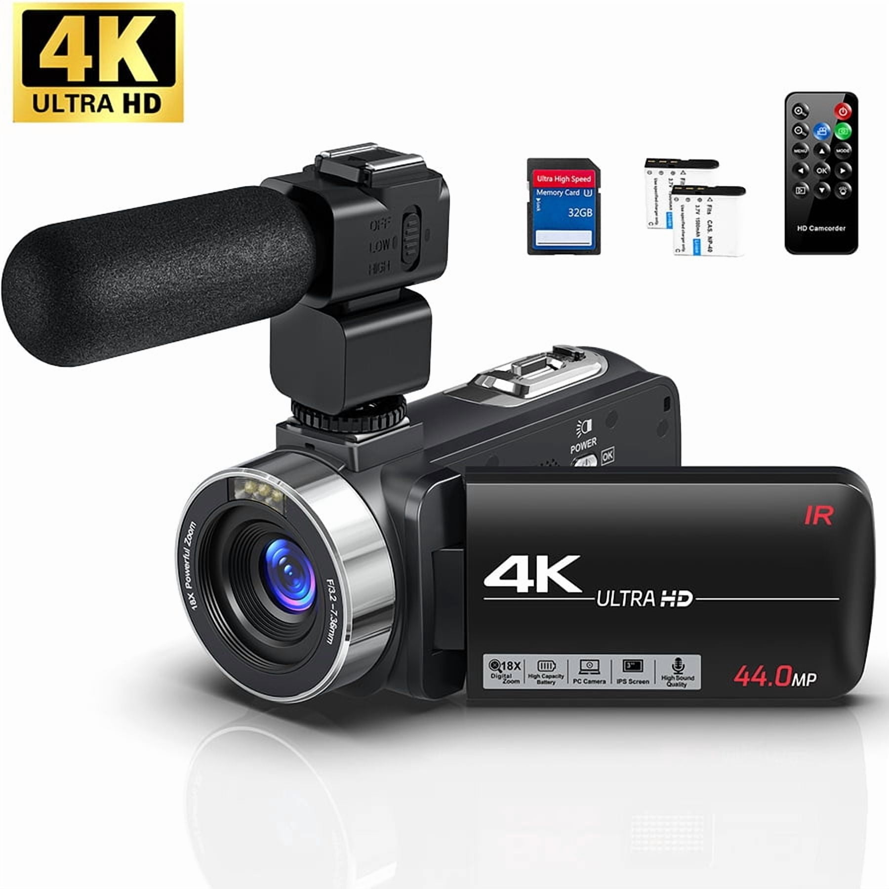 Camcorder Video Camera, 8K 64MP IR Night Vision, 18X Digital Zoom WiFi Camera, 3.0" Touch Screen, Microphone, 32G SD Card, Remote Control, 2 Batteries