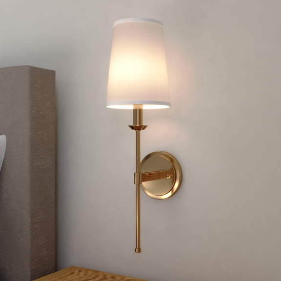 Camden 1 Light Gold Natural Brass Wall Sconce Fixture White Linen Fabric Shade, LED Compatible