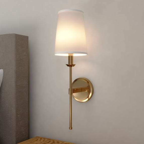 Camden 1 Light Gold Natural Brass Wall Sconce Fixture White Linen Fabric Shade, LED Compatible