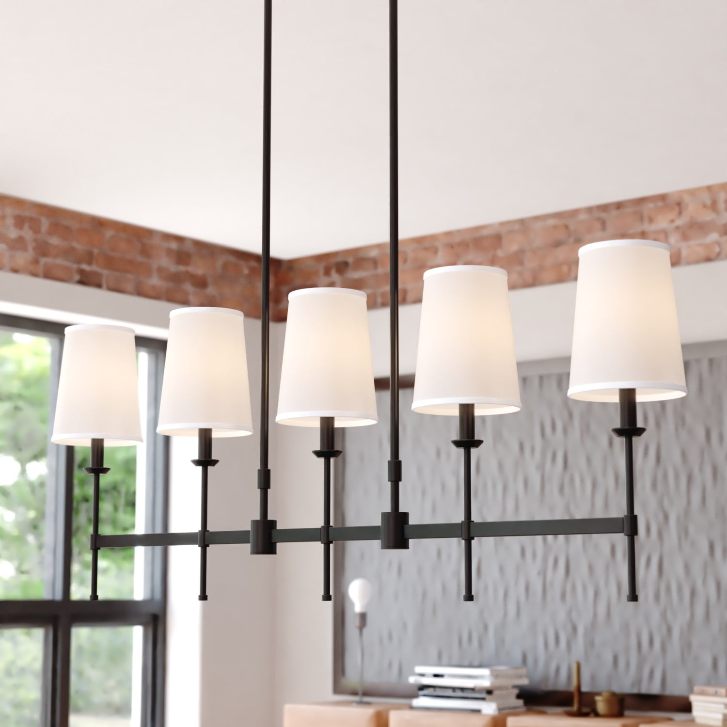 Camden 5 Light Matte Black Linear Chandelier Island Pendant Fixture White Fabric Shade, LED Compatible