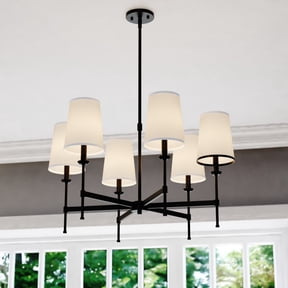 Camden 6 Light Matte Black Chandelier Fixture White Fabric Linen Shade, LED Compatible
