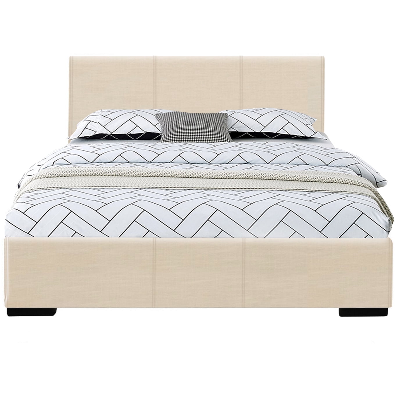 Abbey Beige Full Upholstered Faux Leather Platform Bed with Headboard