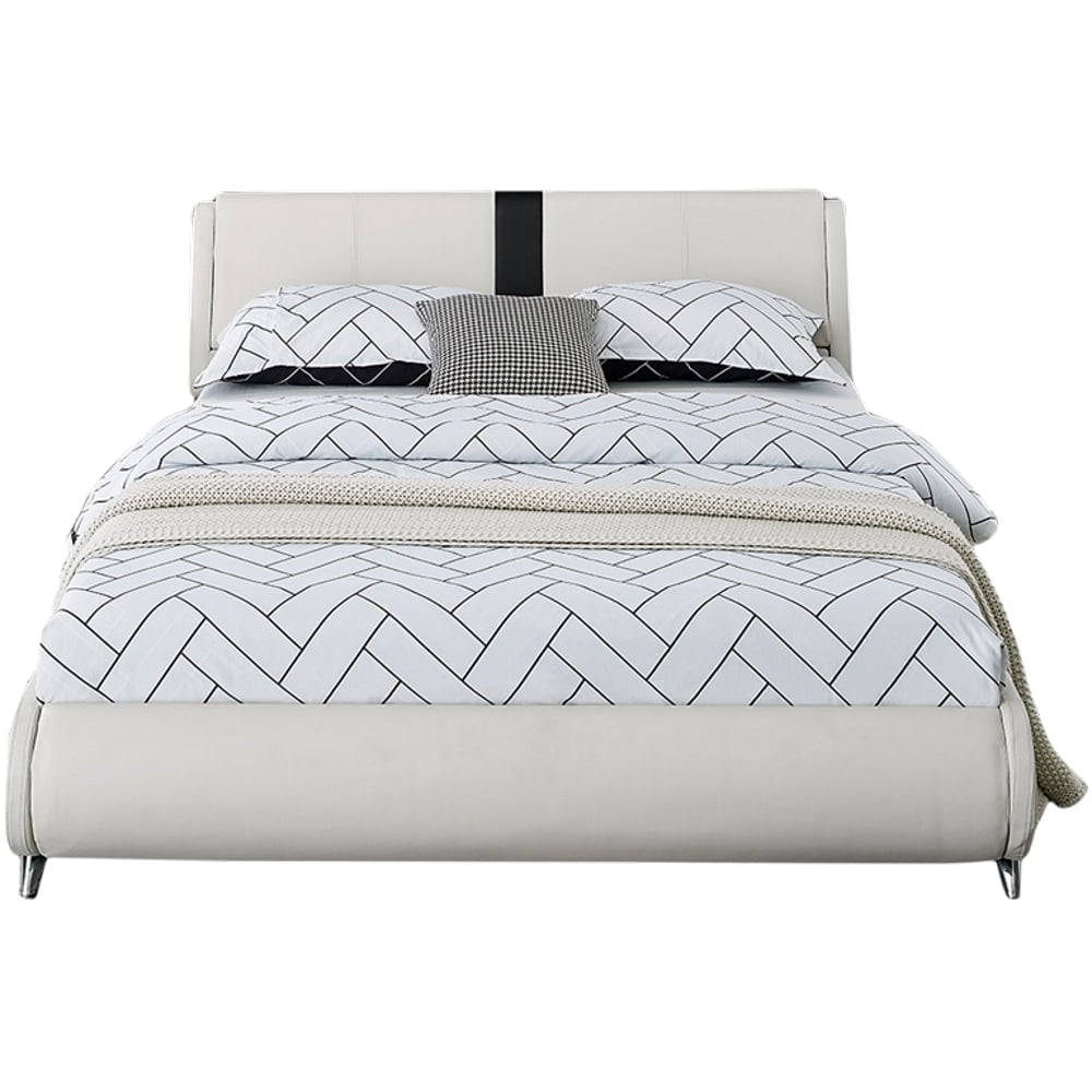 Queen White Pine Upholstered Tufted Headboard Bed Frame
