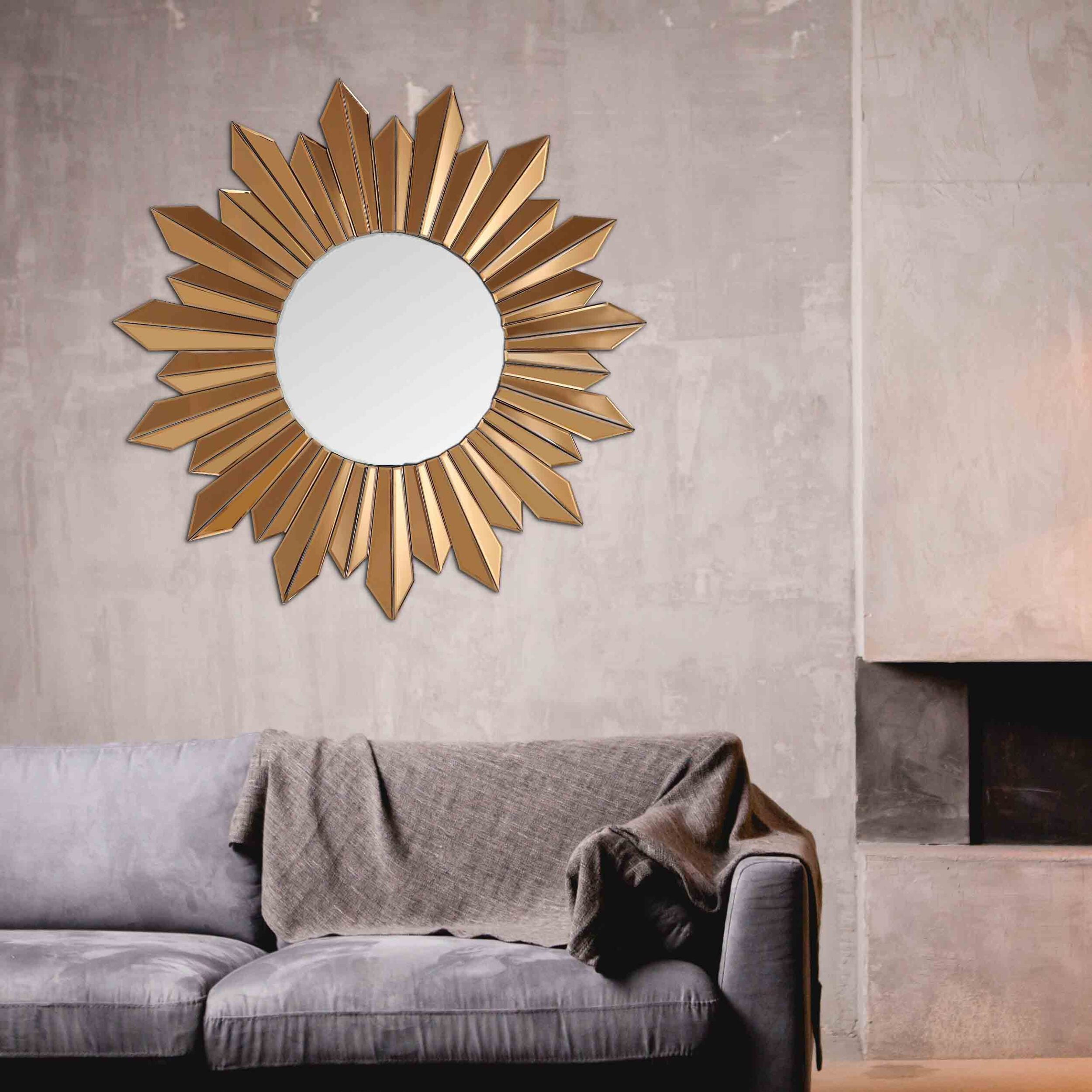 Celestial Charm Gold and Wood 39" Round Sunburst Mirror