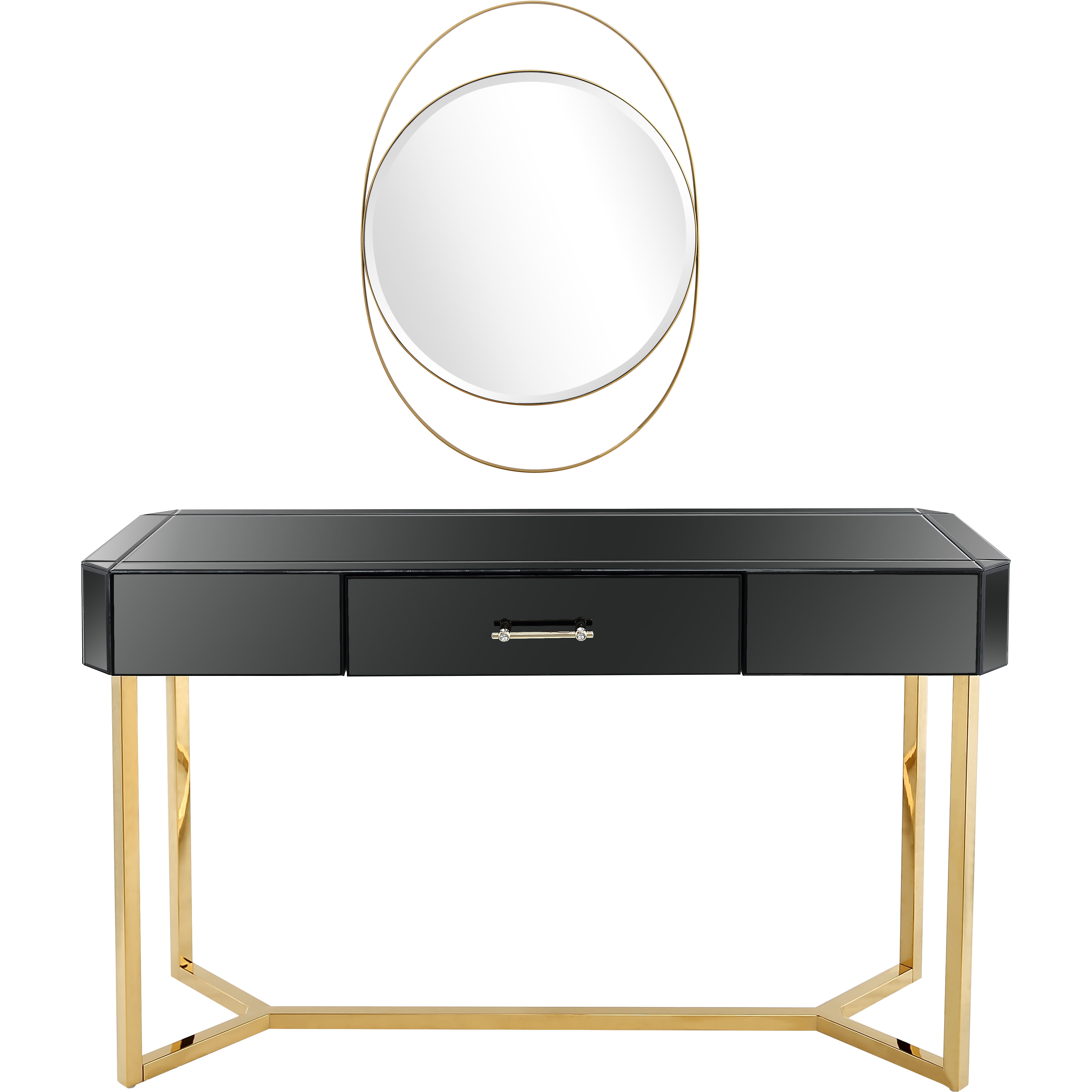 Sonya Gold-Black Mirrored Console Table with Oval Accent Mirror