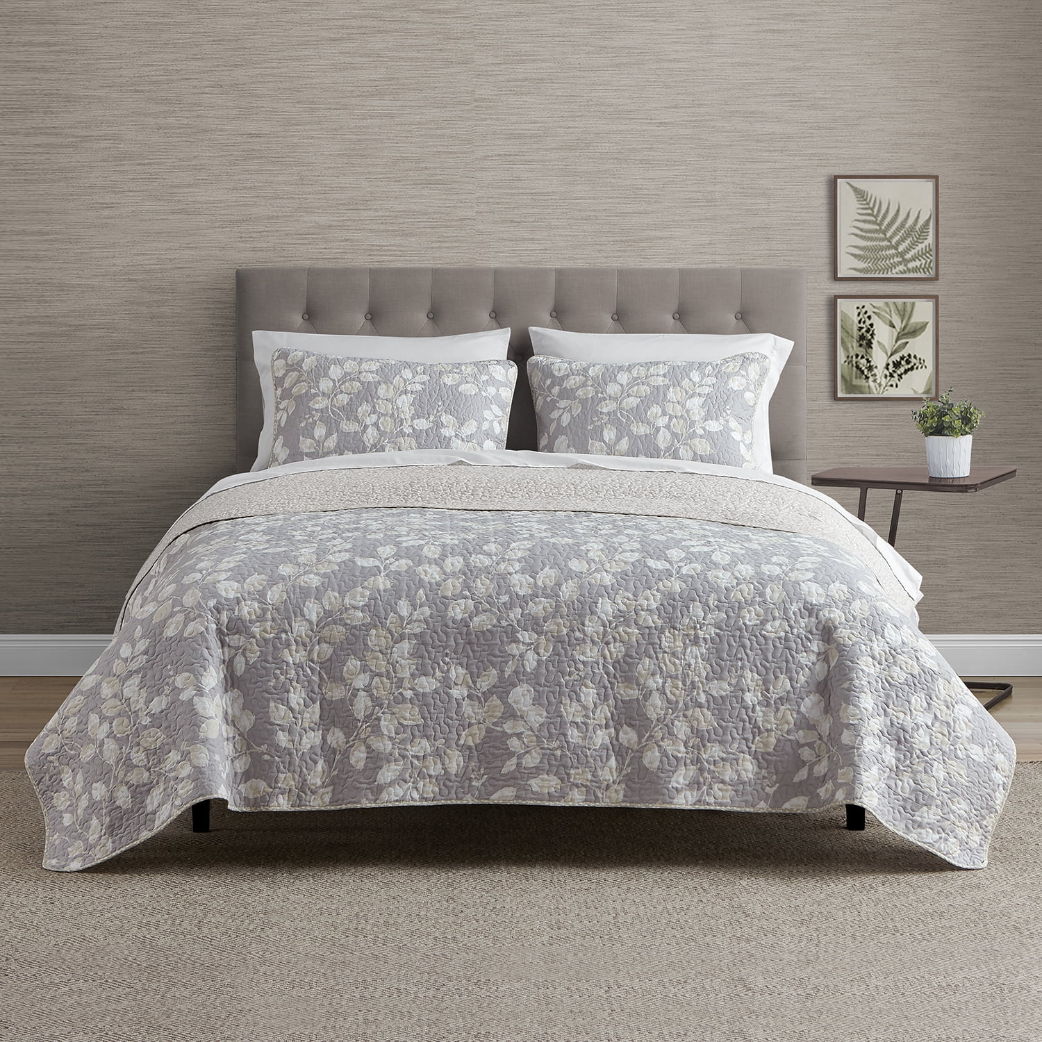 Camden Leaves Grey/Neutral 2 Piece Cotton Quilt Set - Twin