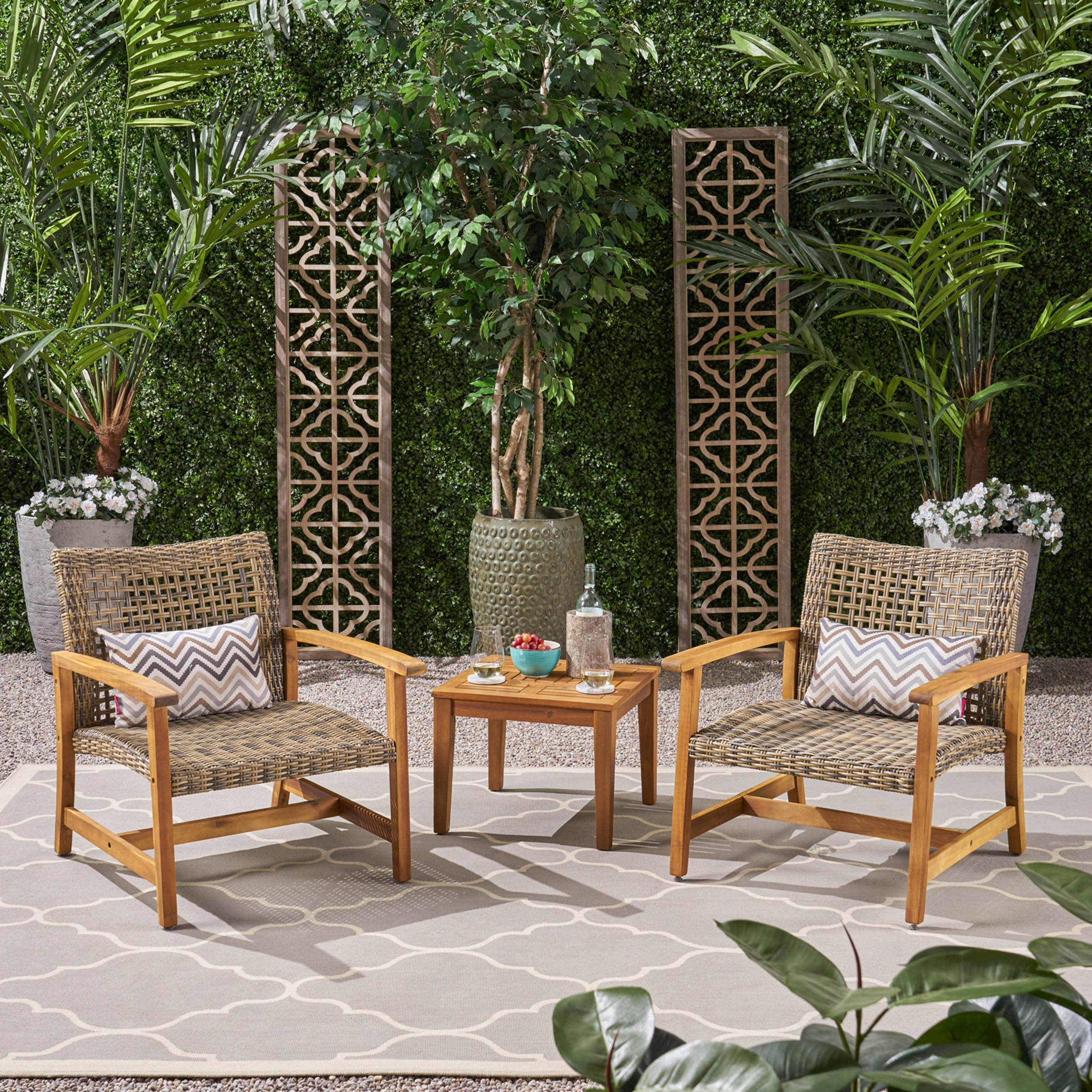 Camdyn Outdoor 3 Piece Wood and Wicker Club Chairs and Side Table Set, Gray - image 1 of 8