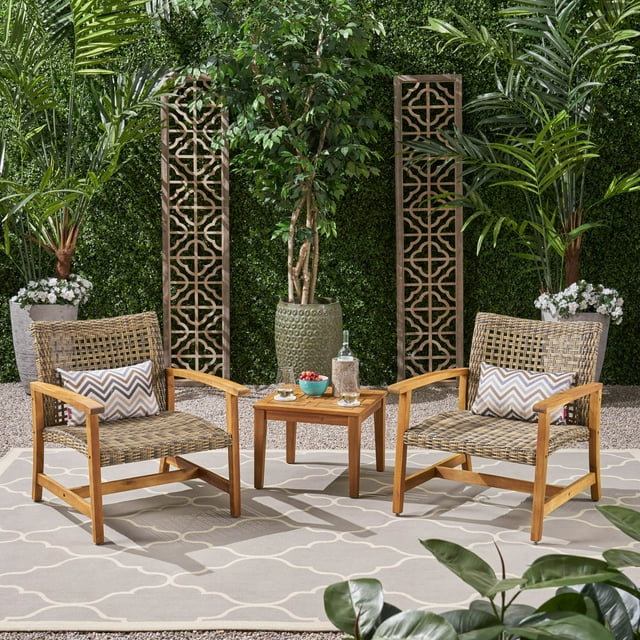 Camdyn Outdoor 3 Piece Wood and Wicker Club Chairs and Side Table Set, Gray