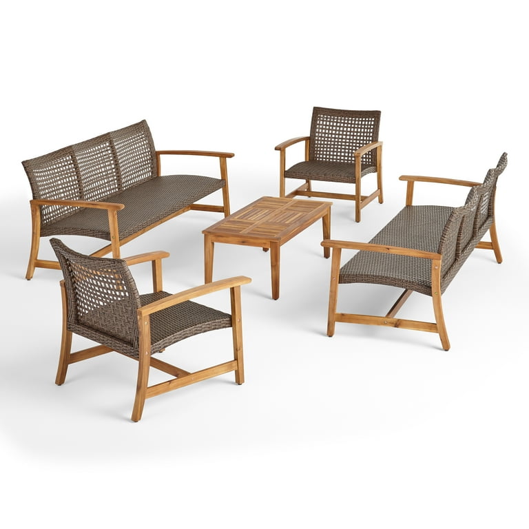 Camdyn Outdoor 5 Piece Wood and Wicker Sofa Chat Set Mixed Mocha