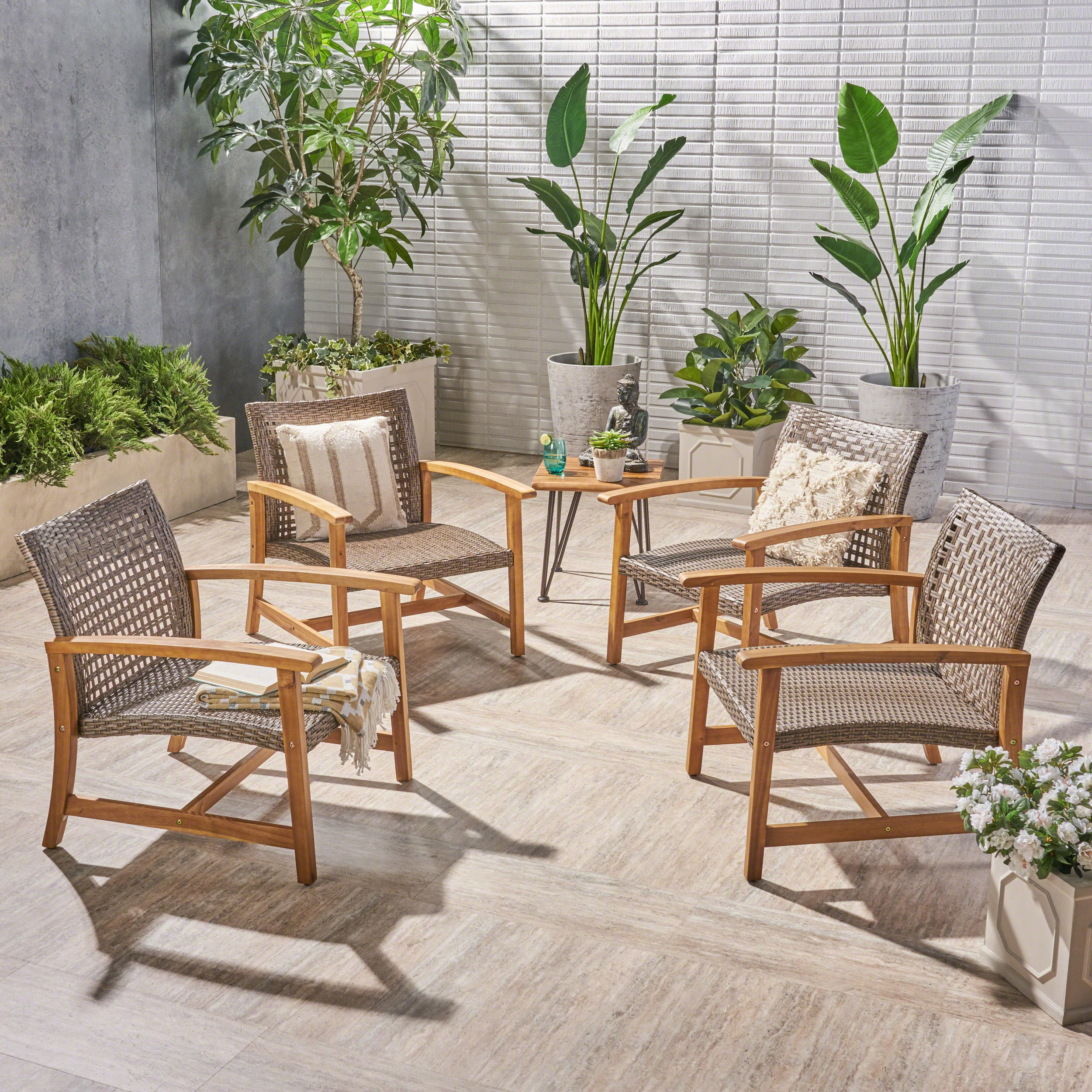 Camdyn Outdoor Acacia Wood and Wicker Club Chairs, Set of 4, Teak, Mixed Mocha