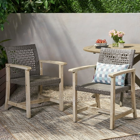 Camdyn Outdoor Acacia Wood and Wicker Dining Chair, Set of 2, Light Gray Wash and Mix Black