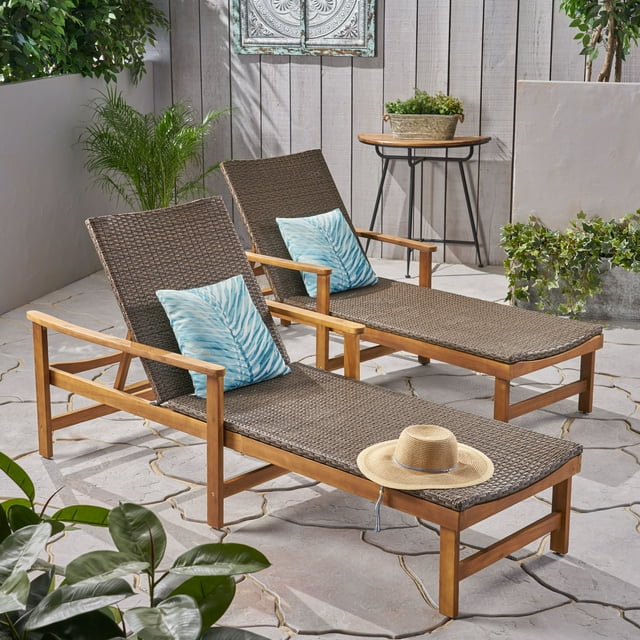 Camdyn Outdoor Rustic Acacia Wood Chaise Lounge with Wicker Seating (Set of 2), Natural and Gray