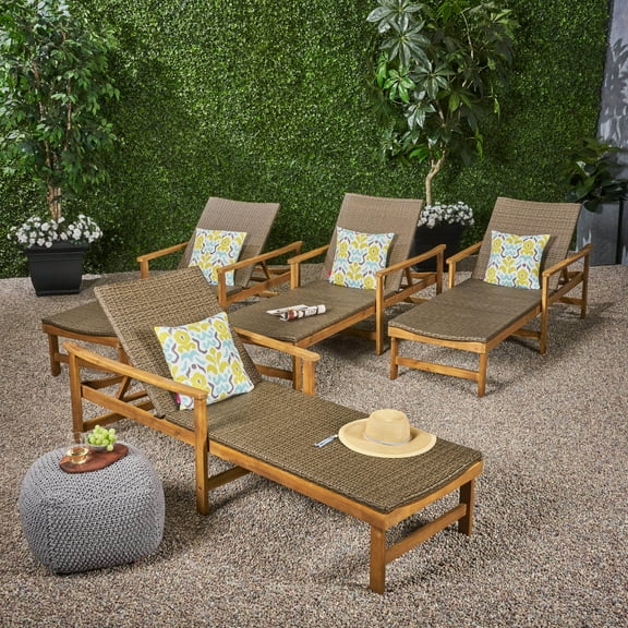 Camdyn Outdoor Rustic Acacia Wood Chaise Lounge with Wicker Seating (Set of 4), Natural and Gray