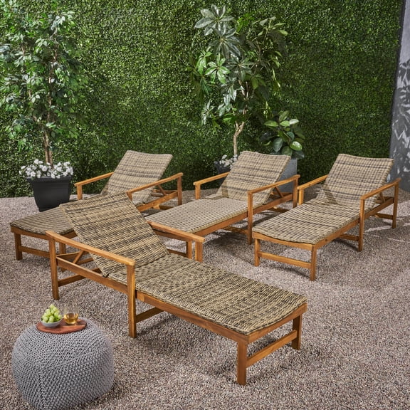 Camdyn Outdoor Rustic Acacia Wood Chaise Lounge with Wicker Seating (Set of 4), Natural and Mixed Mocha