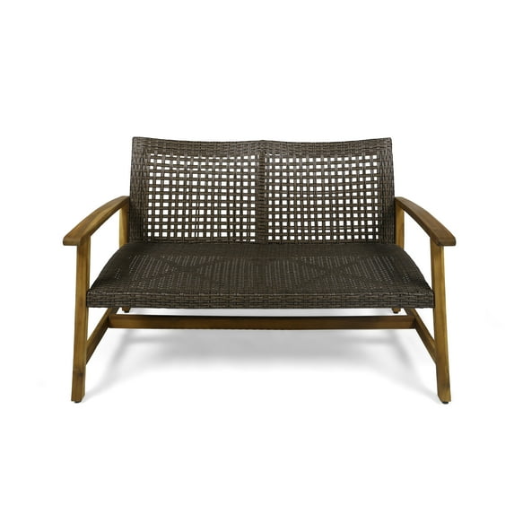 Camdyn Outdoor Wood and Wicker Loveseat, Mix Mocha, Natural Stained