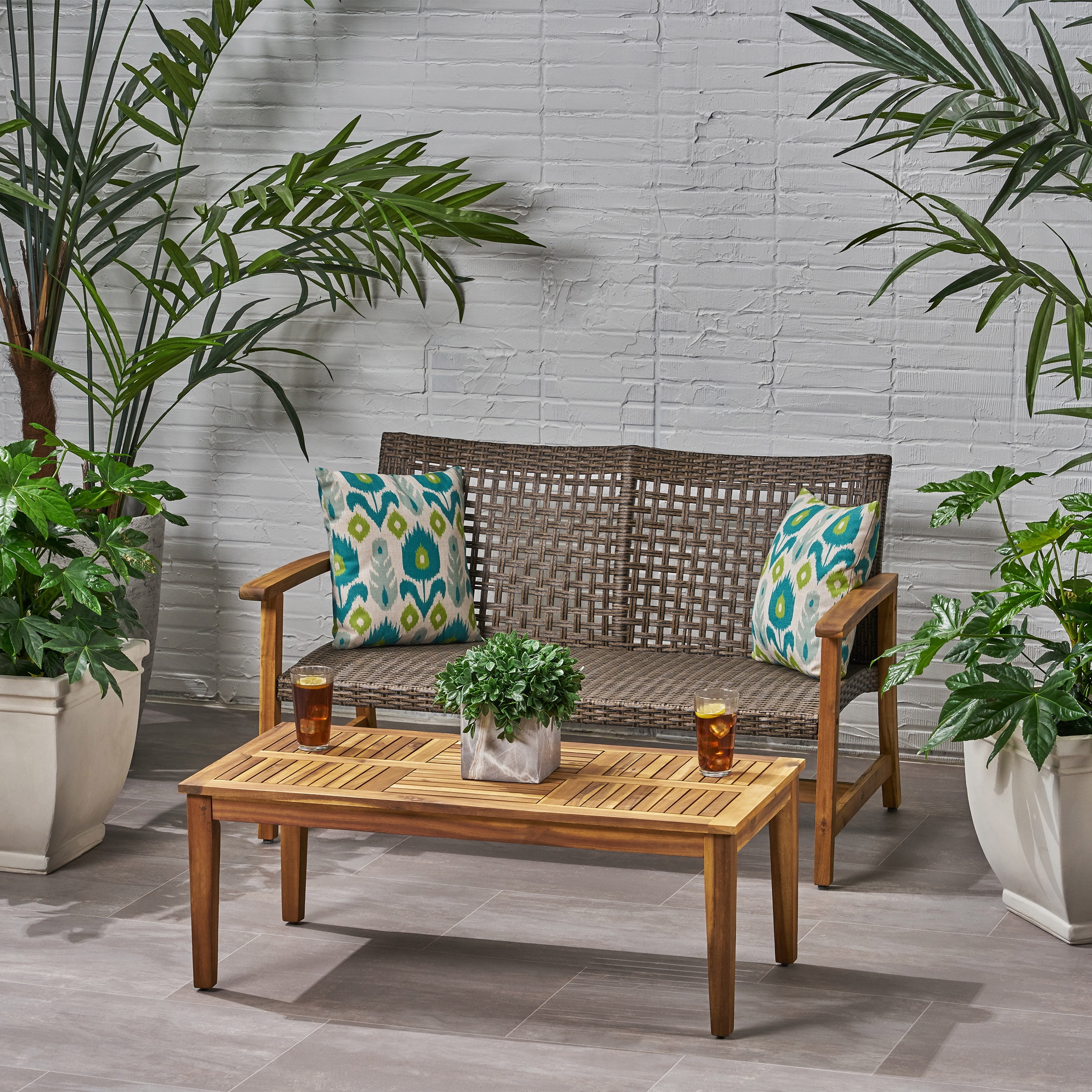 Noble House Hampton Outdoor Wood and Wicker Loveseat and Coffee